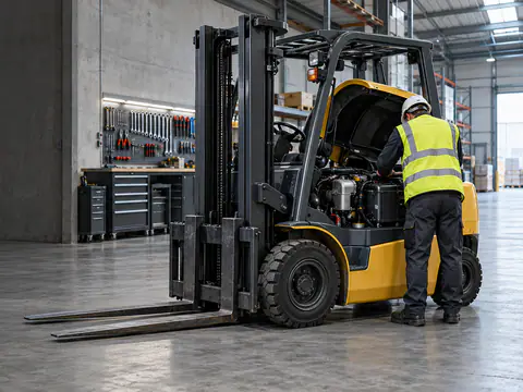 Chariot élévateur capot ouvert dans un atelier de maintenance, outils rangés au mur et technicien de dos