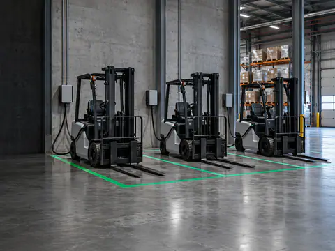 Trois chariots élévateurs électriques branchés à des chargeurs muraux dans une zone de charge d’entrepôt