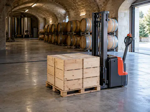 Gerbeur électrique compact garé fourches baissées sous une palette de caisses de vin dans un chai voûté en pierre